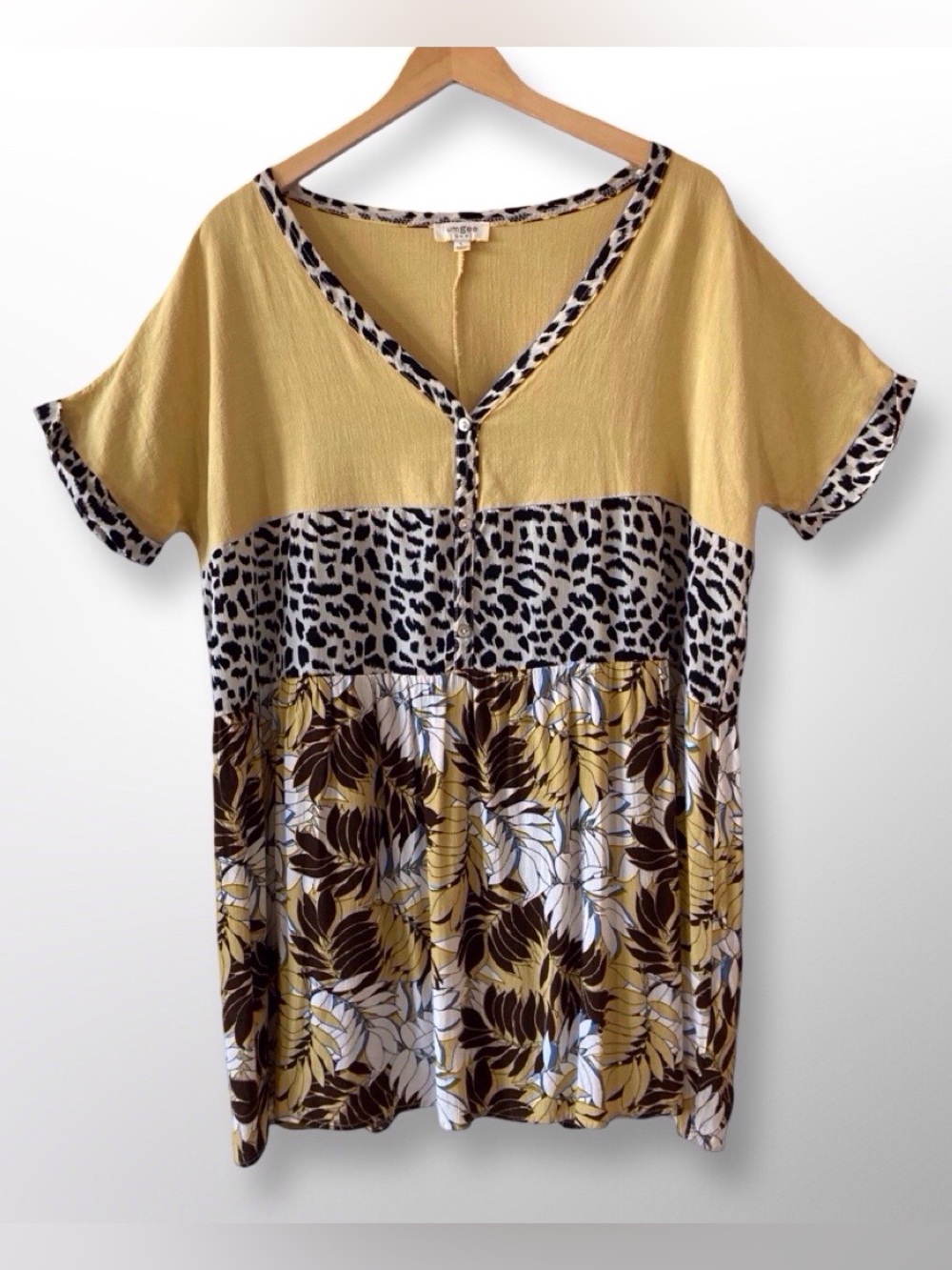 Umgee Mixed Print Colorblock Top Leopard Tropical Leaf Boho Linen Blend L